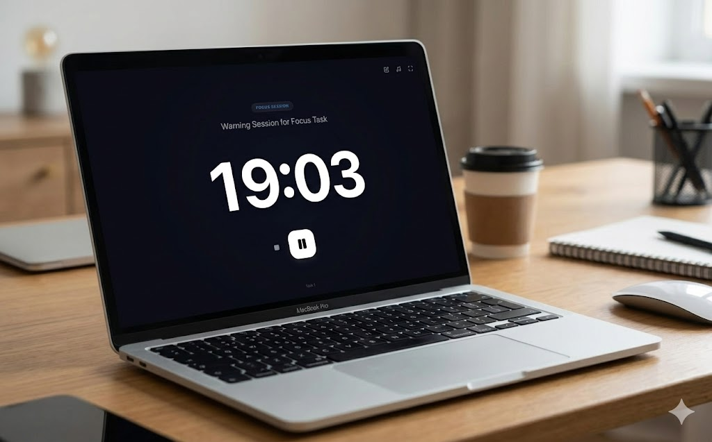 Gawe Pomodoro Timer App running on laptop showing 19:03 focus session